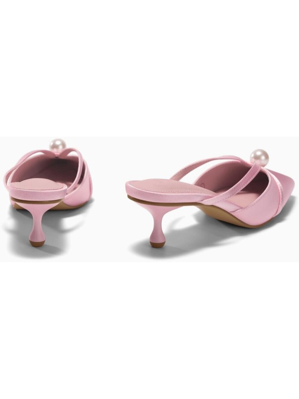 Women's Pearl Kitten Heels Mules Closed Pointed Toe Pink Sandal Satin Shoes - Picture 6 of 6